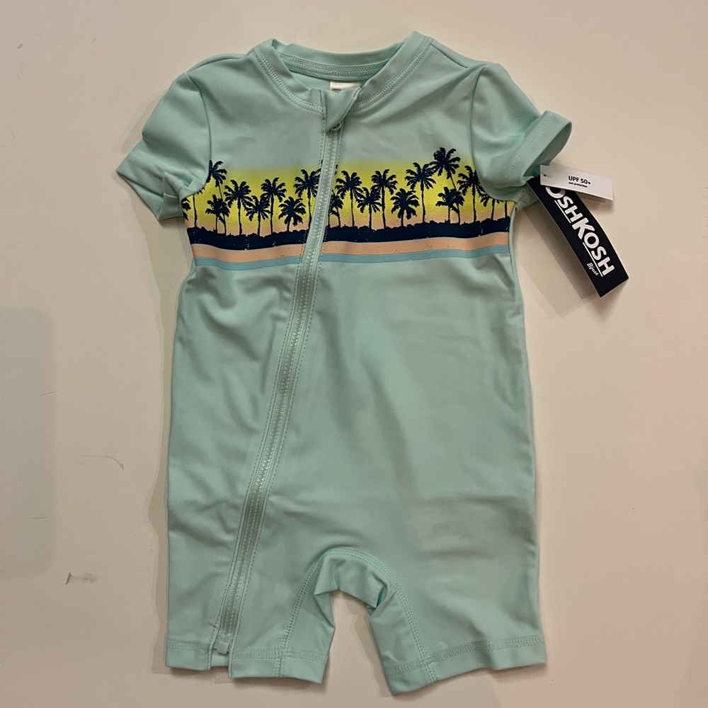 OshKosh B'gosh Kids Swim Rashguard UPF 50 - Aqua wPalm Tree Design